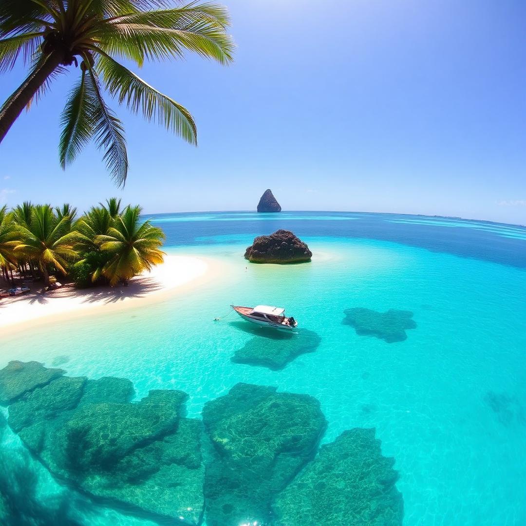 Crystal Bay turquoise lagoon with a boat and palm trees