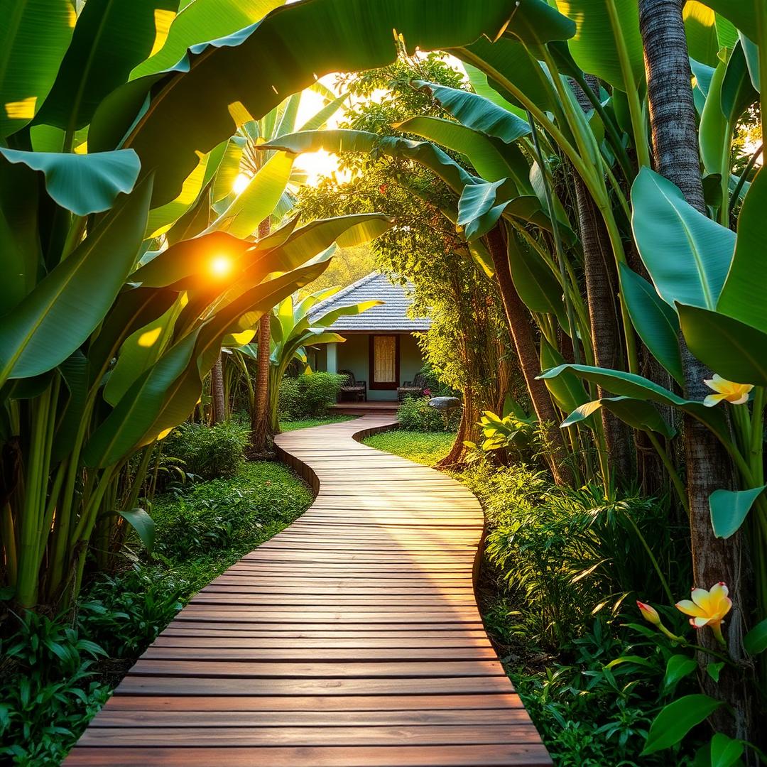 Reclaimed teak walkway through the lush eco-resort garden