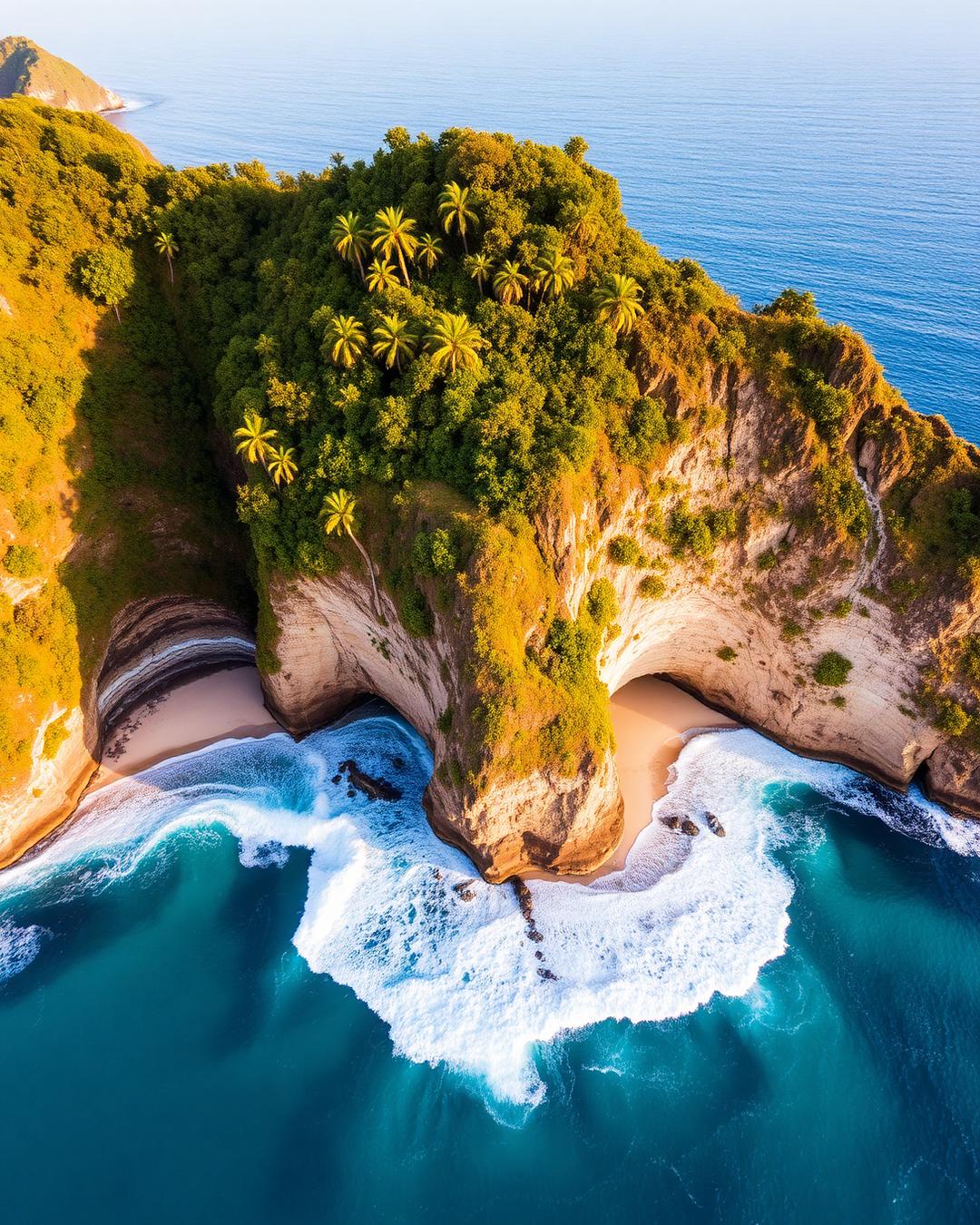 Kelingking Beach cliffs and turquoise waves from above