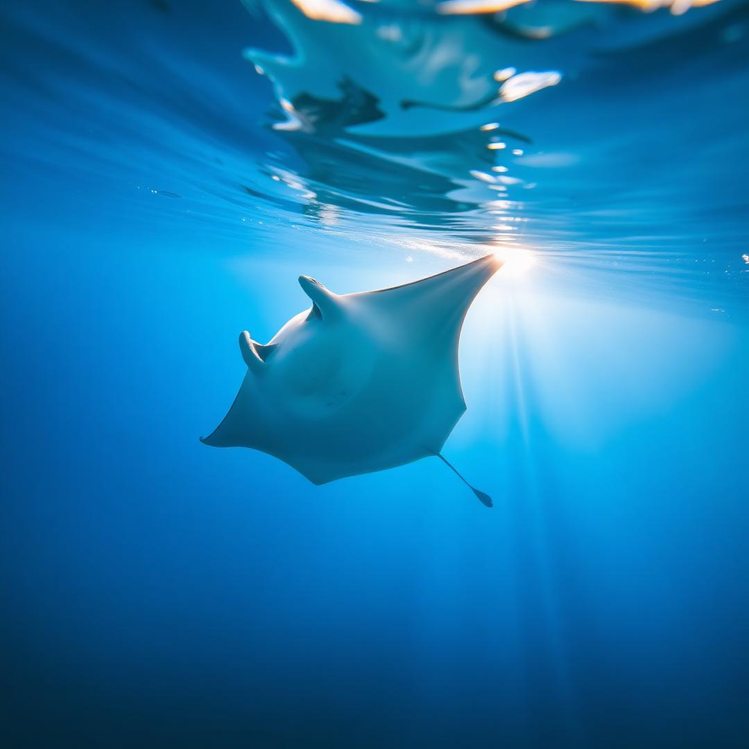 Manta ray gliding through clear blue water