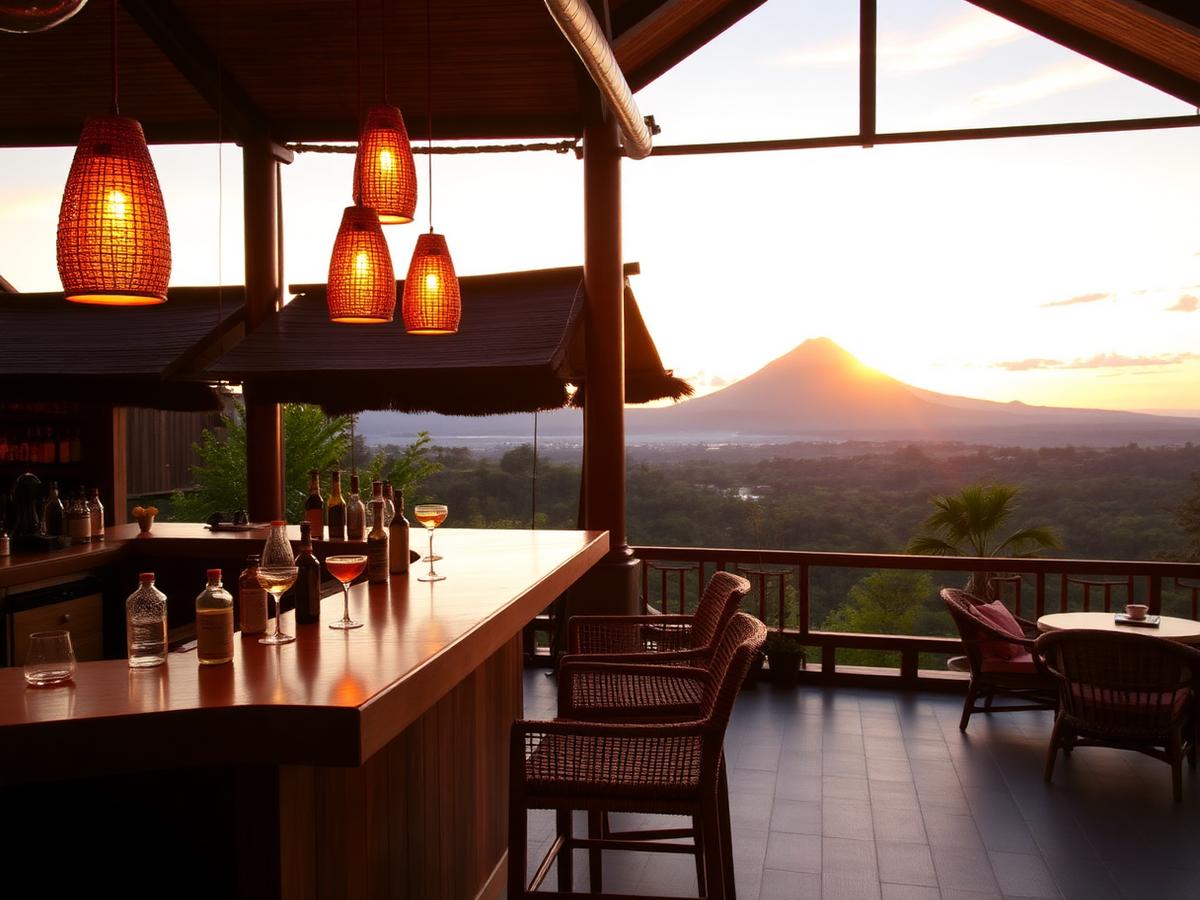 Eden Bar Lounge at sunset with Mount Agung on the horizon